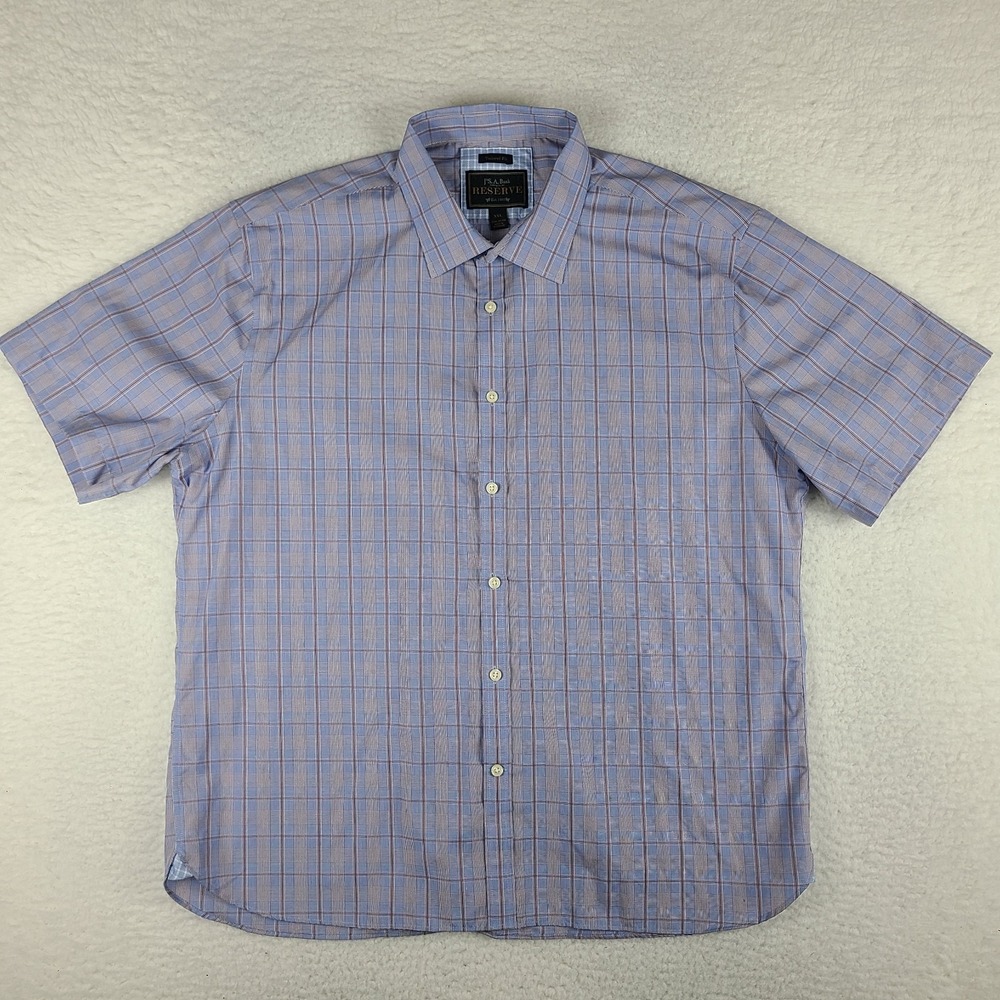 Jos A. Bank Men's Short Sleeve Plaid Button-Up Shirt - Light Blue/Grey - Like Ne